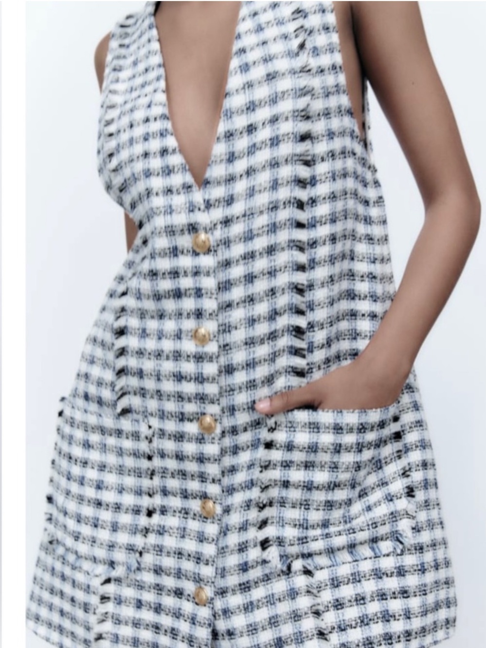 Zara Chic Plaid Tweed Button-Front Pocket Dress White, Blue and Black Medium